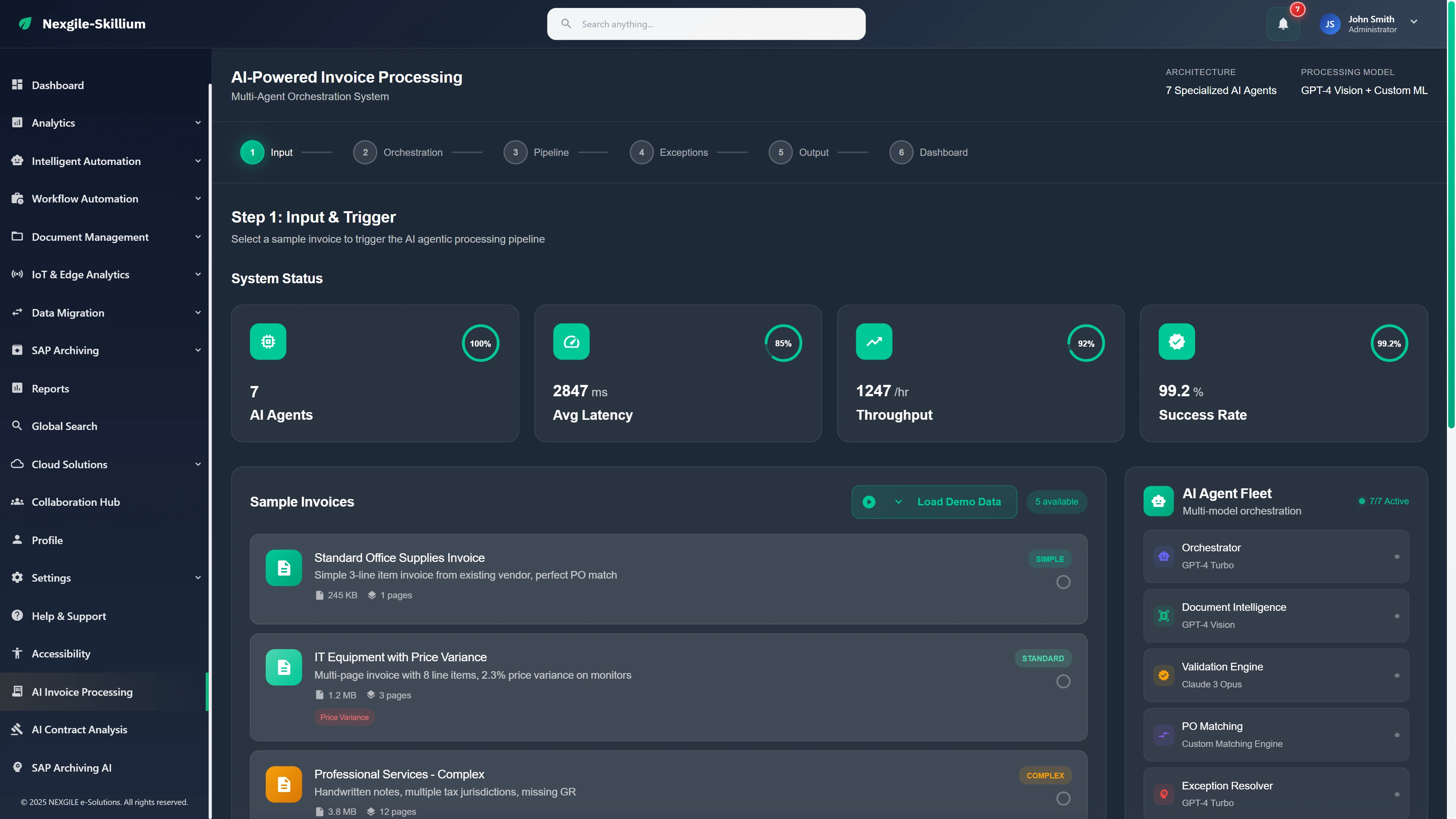 Input & Trigger Dashboard - System status with 7 AI agents, sample invoice selection, and agent fleet overview for initiating processing
